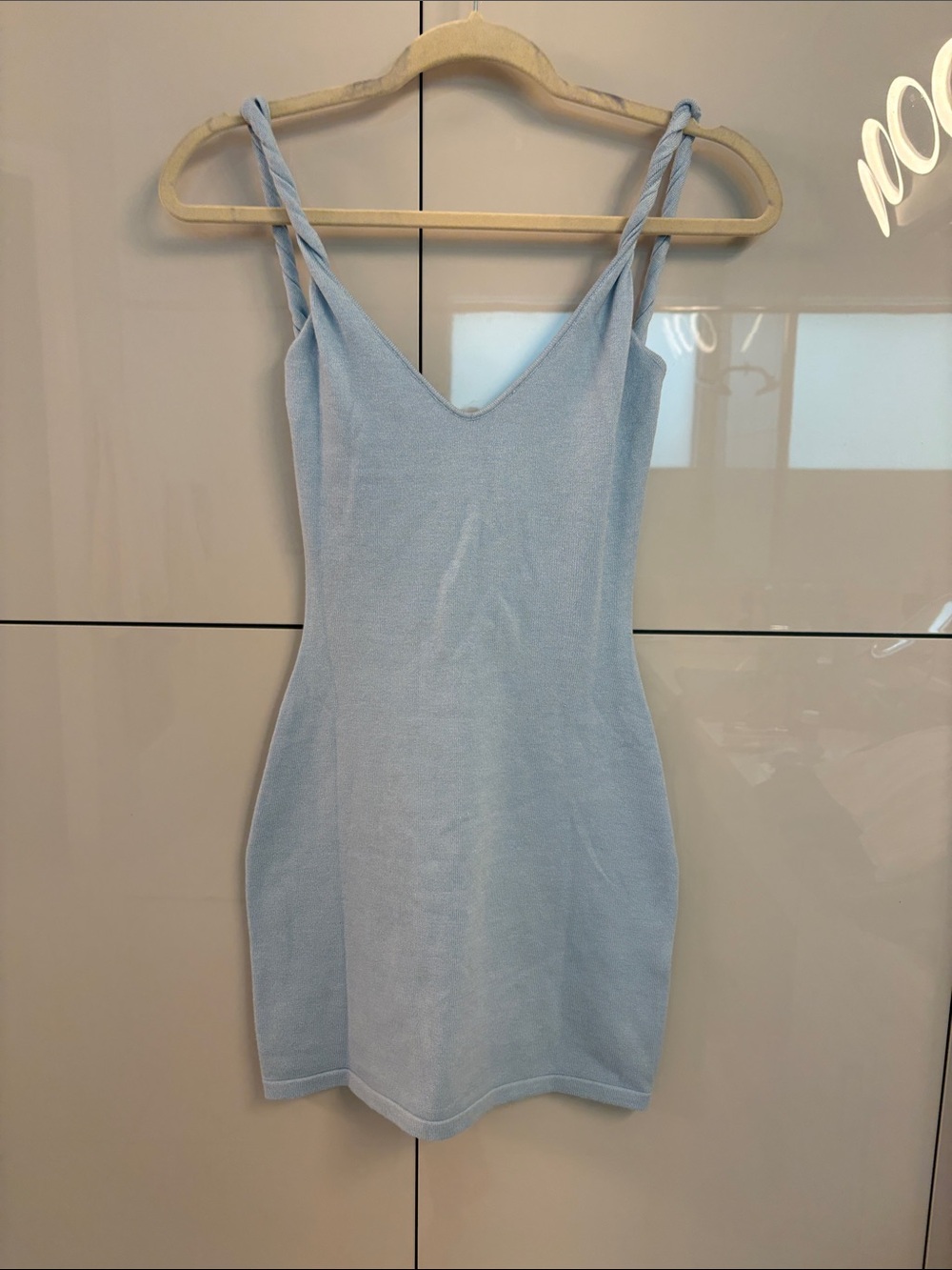 Peppermayo Pale Blue Twisted-Strap Knit Mini Dress